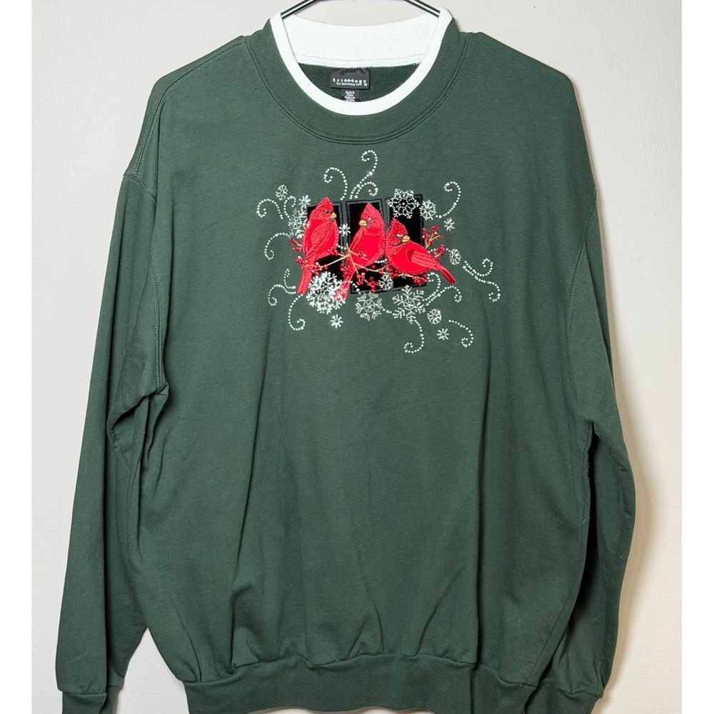 Vtg Trilogy by Morning Sun Green Cardinal Bird Embroidered Sweatshirt XL Womens